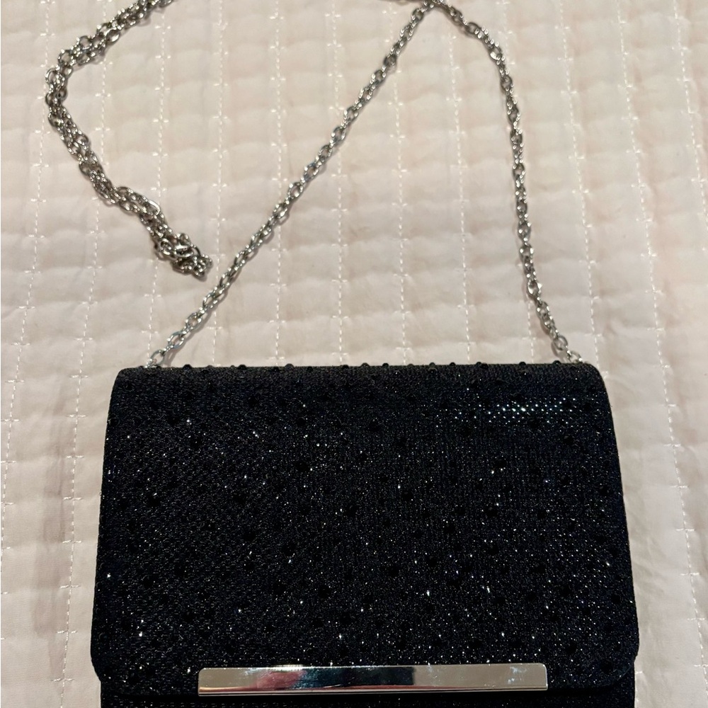 Elegant Black Evening Bag - sparkly with silver metal accents and chain.